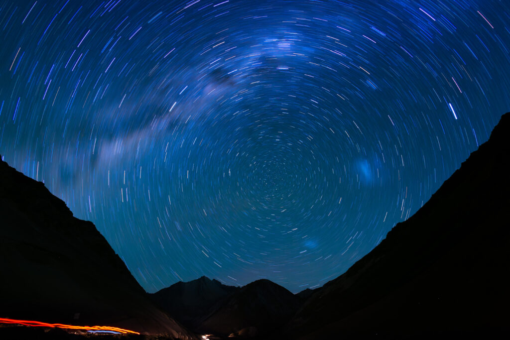 The Cajón del Maipo Valley during the night with startrails visible